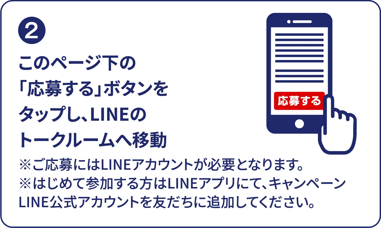 (2) このページ下の「応募する」ボタンをタップし、LINEのトークルームへ移動 ※ご応募にはLINEアカウントが必要となります。 ※はじめて参加する⽅はLINEアプリにて、キャンペーンLINE公式アカウントを友だちに追加してください。